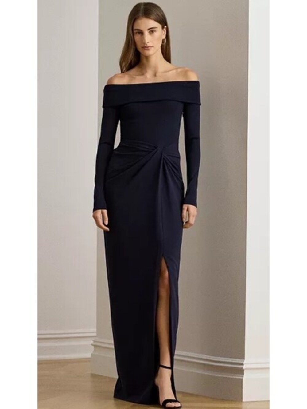 New Lauren Ralph Lauren Off the Shoulder Long Sleeve Rib & Crepe Gown Navy 10